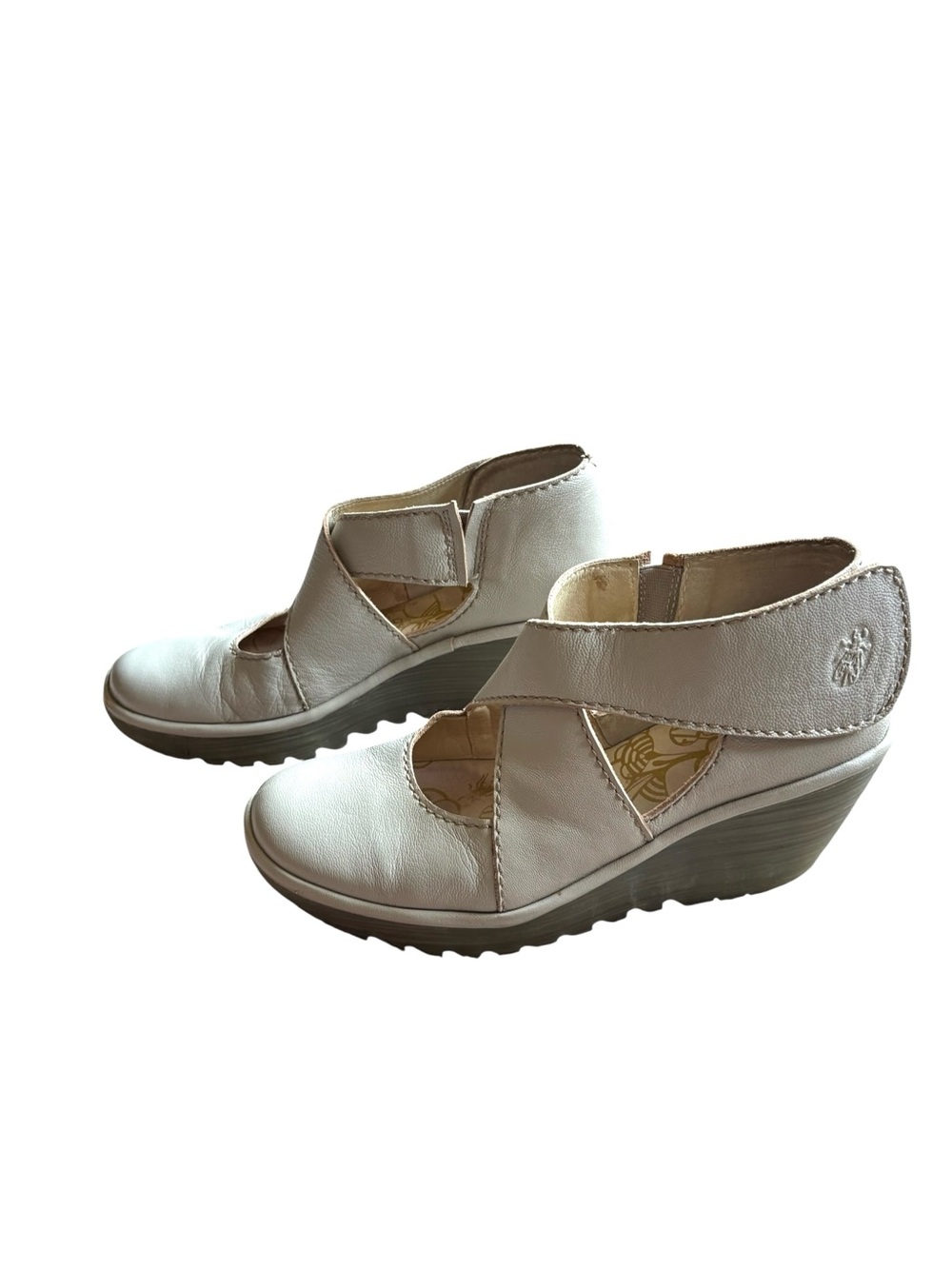 Fly London Yogo Crossover Bone Leather Wedge prairie Lagenlook whimsy 39/ 8.5-9